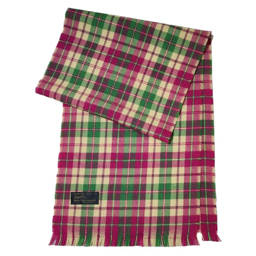 100% Lambswool Plaid Scarf Green Yellow Magenta USA Scarfs by Day of the Unicorn